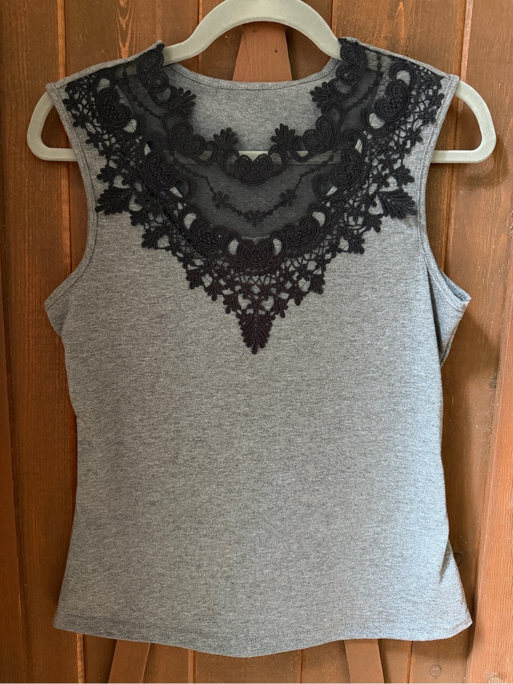 Grey Sleeveless Top with Black Lace Yoke
